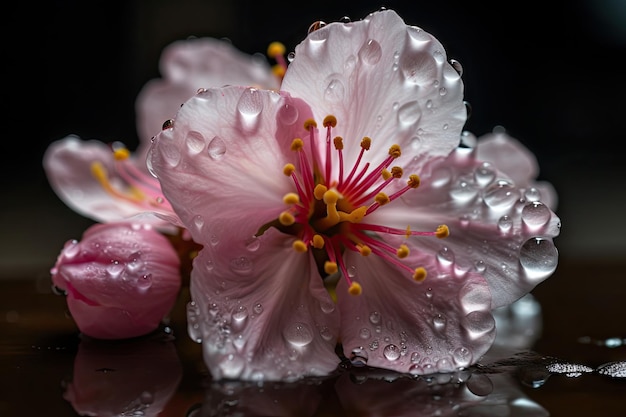 Primo piano della fioritura dei fiori di ciliegio con goccioline d'acqua visibili create con intelligenza artificiale generativa