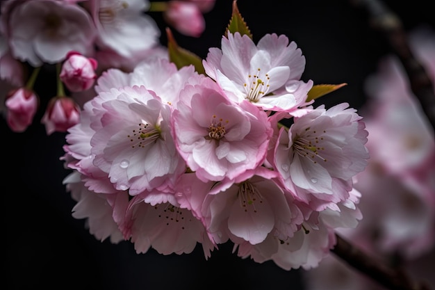 Primo piano della fioritura dei fiori di ciliegio con petali in piena fioritura e visibile creato con intelligenza artificiale generativa