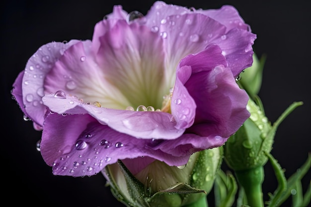 Primo piano della fioritura di eustoma con gocce di rugiada circondate da fogliame delicato