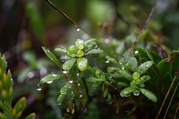 Primo piano della flora forestale con goccioline d'acqua dalla rugiada mattutina creata con l'IA generativa