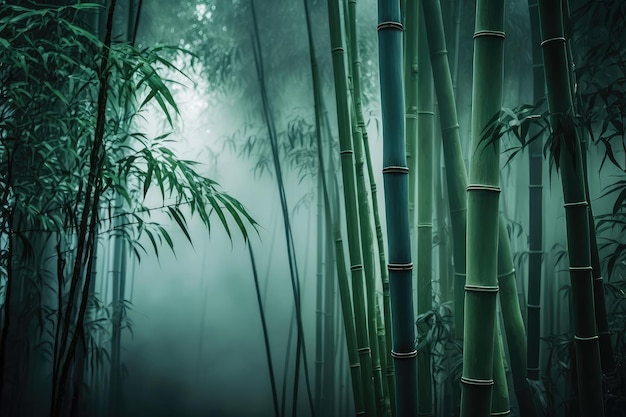 Primo piano della foresta di bambù verde con nuvole nebbiose sullo sfondo