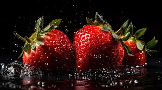 Primo piano della frutta delle fragole colpita da spruzzi d'acqua con sfondo nero sfocato