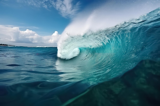 Primo piano della grande onda blu alle Maldive AI