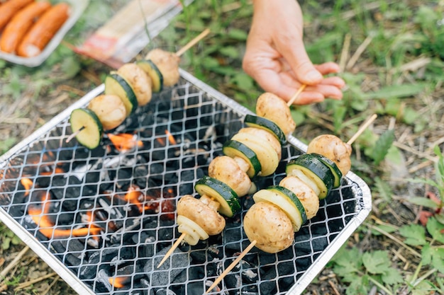 Primo piano della griglia monouso per picnic all'aperto con verdure su bastoncino di legno