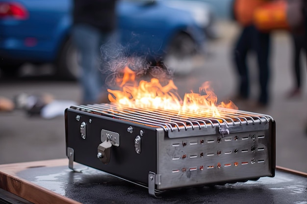 Primo piano della griglia portatile con fiamme e fumo visibile creato con ai generativo