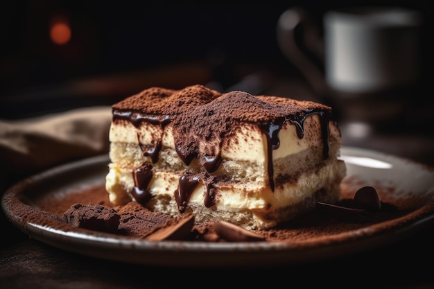 Primo piano della gustosa fotografia di cibo del tiramisù italiano AI Generative