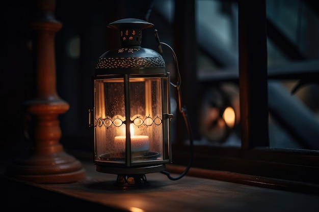 Primo piano della lanterna con candela tremolante che lancia una luce calda