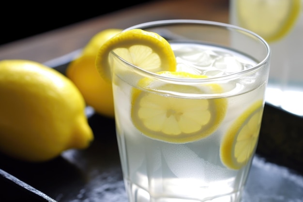 Primo piano della limonata estiva con cubetti di ghiaccio e fetta di limone visibile creata con ai generativa