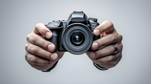 Primo piano della mano del fotografo che tiene una fotocamera isolata su sfondo pulito e isolato