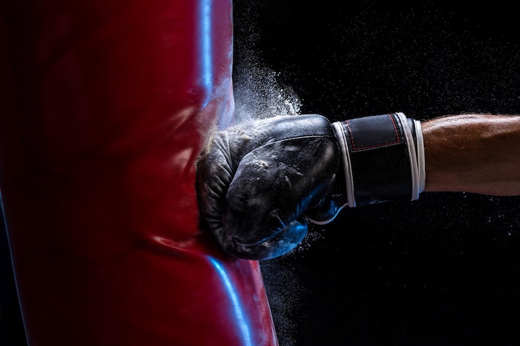 Foto primo piano della mano del pugile al momento dell'impatto sul sacco da boxe su sfondo nero