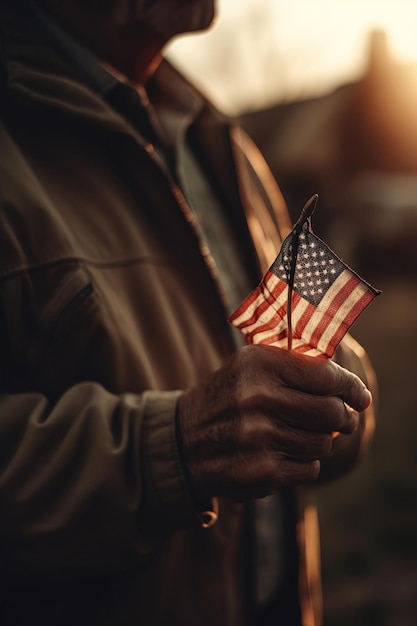Primo piano della mano dell'uomo anziano veterano con la bandiera nazionale americana