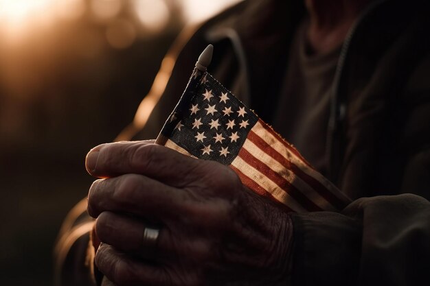 Primo piano della mano dell'uomo anziano veterano con la bandiera nazionale americana