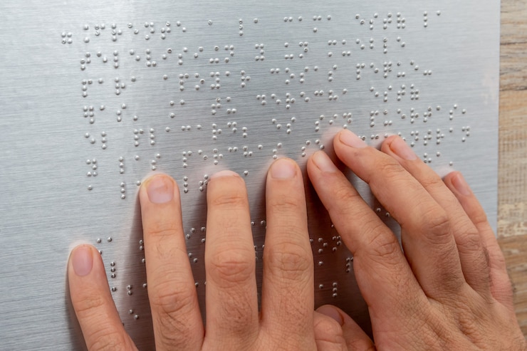 Foto primo piano della mano maschile che legge il testo braille
