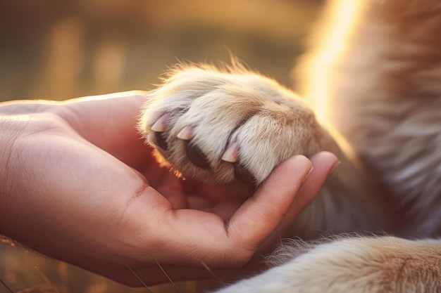 Primo piano della mano maschile che tiene il concetto di amicizia della zampa del cane