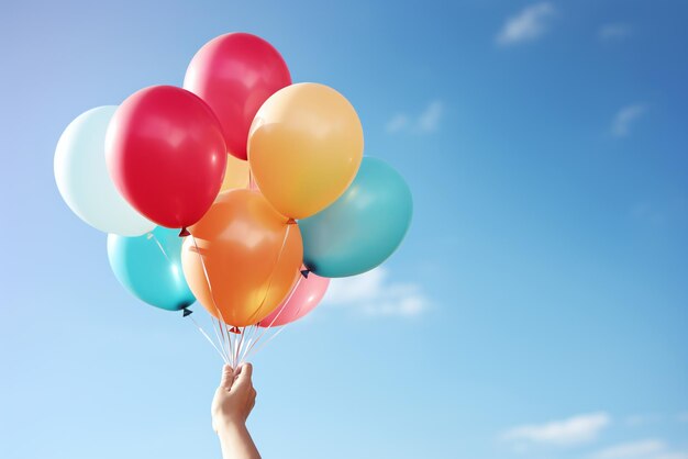 Primo piano della mano umana che tiene palloncini colorati su sfondo blu cielo