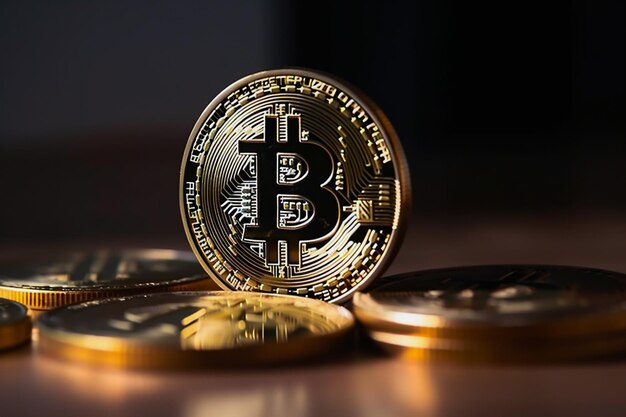 Primo piano della moneta Bitcoin Cryptocoin su un tavolo con uno sfondo scuro