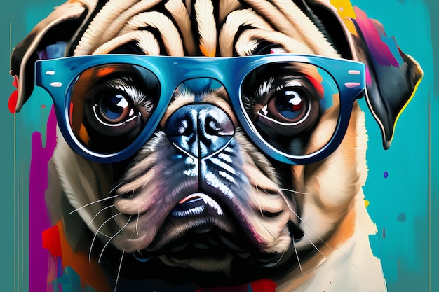 Primo piano della museruola di adorabile cane pug domestico con gli occhiali