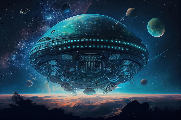 Primo piano della nave aliena con vista della terra e del cielo stellato visibile sullo sfondo