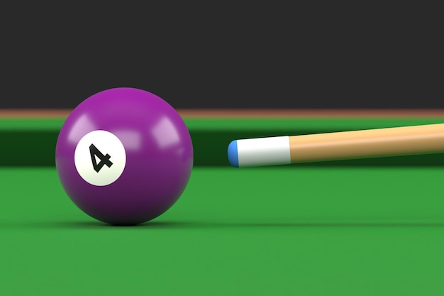 Primo piano della palla da biliardo numero quattro di colore viola sul tavolo da biliardo snooker puntare la stecca 3D