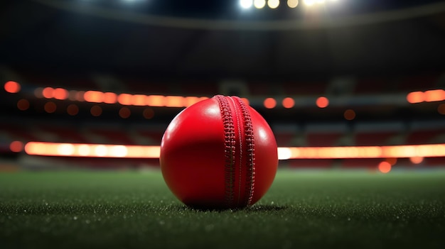 Primo piano della palla da cricket rossa nello stadio Generative Ai
