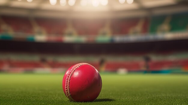 Primo piano della palla da cricket rossa nello stadio Generative Ai