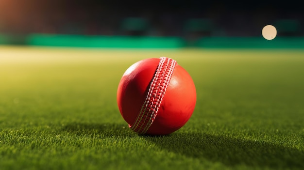 Primo piano della palla da cricket rossa nello stadio Generative Ai