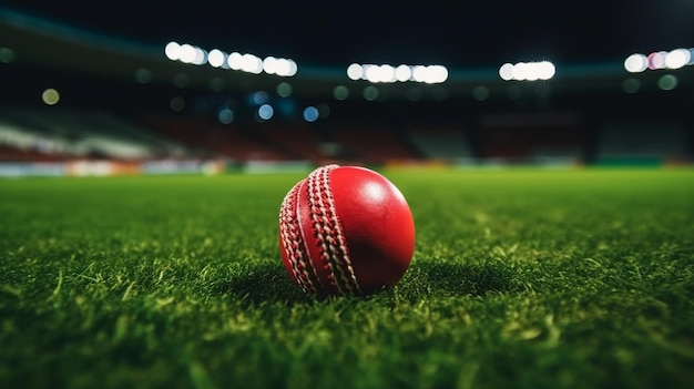 Primo piano della palla da cricket rossa nello stadio Generative Ai