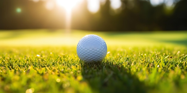 Primo piano della pallina da golf sull'erba verde del campo da golf giornata soleggiata sfondo sfocato AI generativa