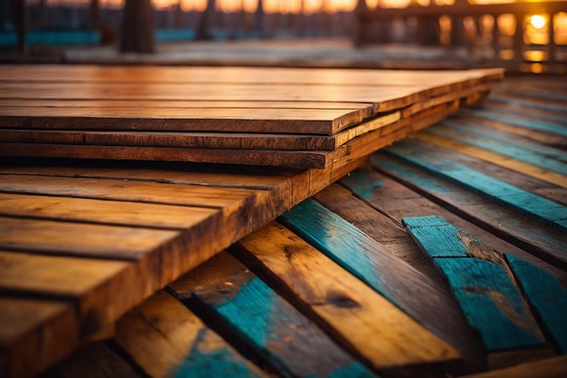 Primo piano della parte superiore del tavolo in legno o della struttura del pavimento in legno con sfondo di pareti in legno del concetto di asse di legno colorato per la pubblicità