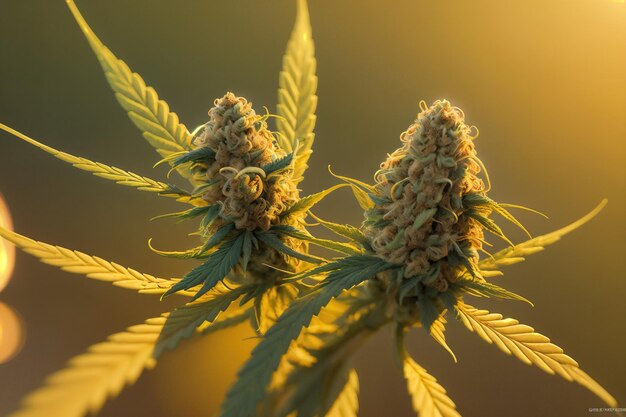 Primo piano della pianta di cannabis con boccioli di fiori gialli e sfondo di luci sfocate