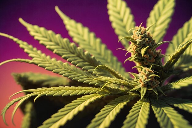 Primo piano della pianta di cannabis con boccioli di fiori gialli e sfondo di luci sfocate