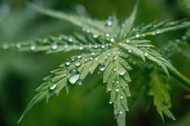 Primo piano della pianta di cannabis con goccioline d'acqua sul suo fogliame