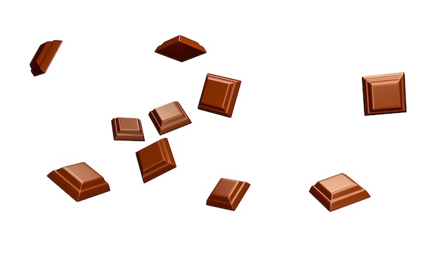 Primo piano della pila di pezzi di cioccolato che cadono su sfondo bianco illustrazione 3d rendering 3d