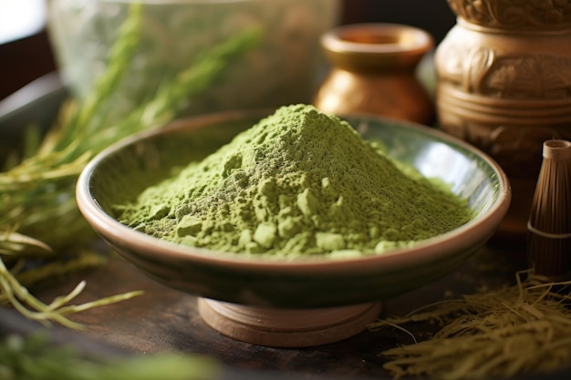 Primo piano della polvere di tè matcha in una ciotola di ceramica creata con ai generativa