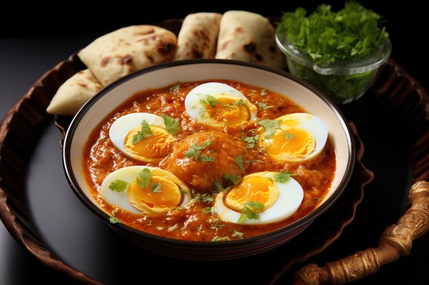Primo piano della ricetta del curry all'uovo in stile sud indiano in un piatto sul tavolo