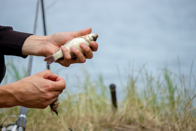 Primo piano della ruota della canna da pesca, uomo che pesca con una bellissima alba dietro di lui