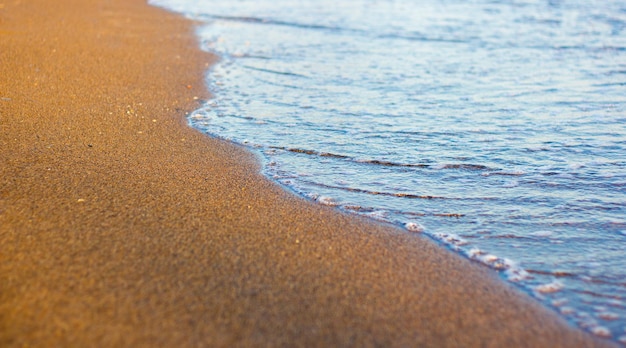 Primo piano della spiaggia sabbiosa con sabbia dorata al tramonto