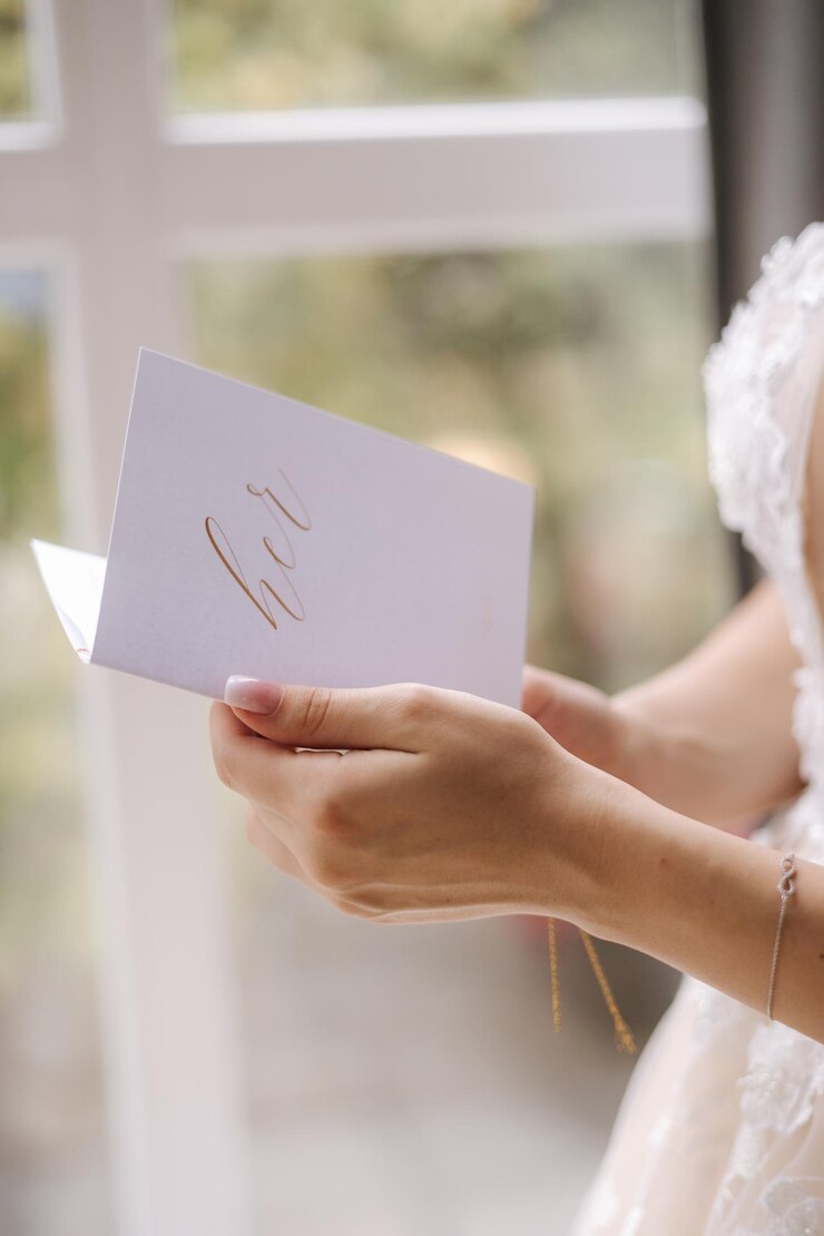 Primo piano della sposa tenere il voto nelle mani davanti alla grande finestra a casa che si prepara per la cerimonia nuziale