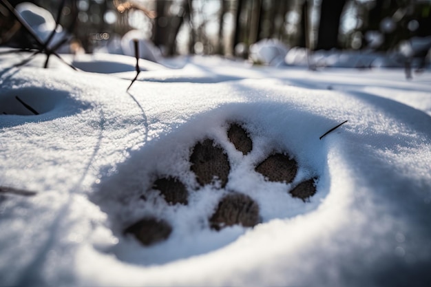 Primo piano della stampa dello zoccolo di cervo nella neve creata con l'IA generativa