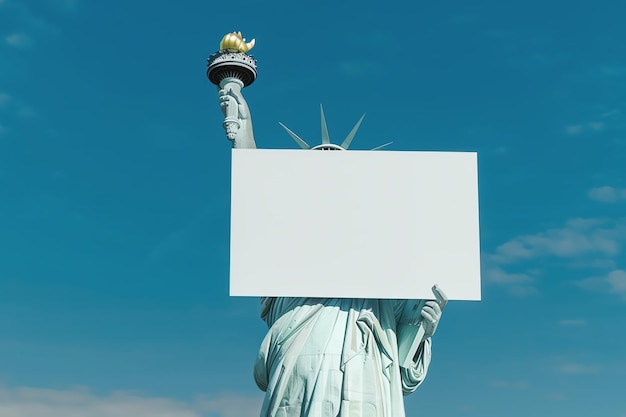 primo piano della Statua della Libertà con un cartello vuoto generato dall'AI