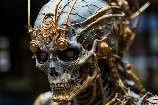 Primo piano della statua di uno scheletro con parti meccaniche sulla faccia IA generativa