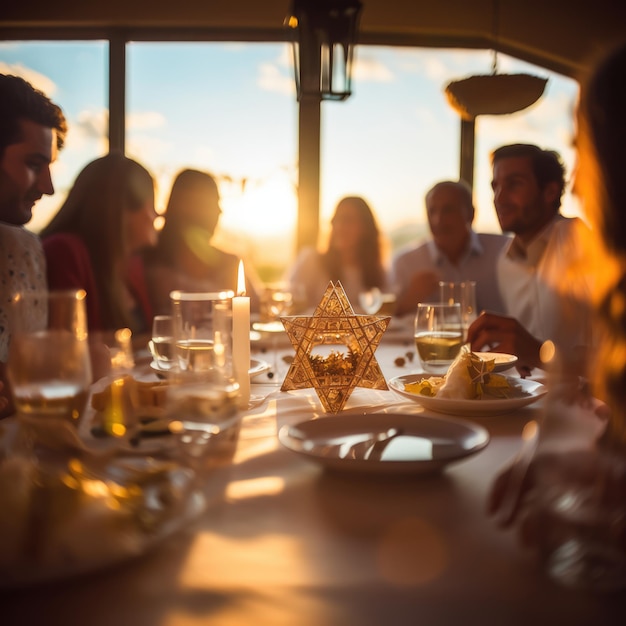 primo piano della Stella di Davide che simboleggia l'unità su un tavolo da pranzo festivo di Hanukkah