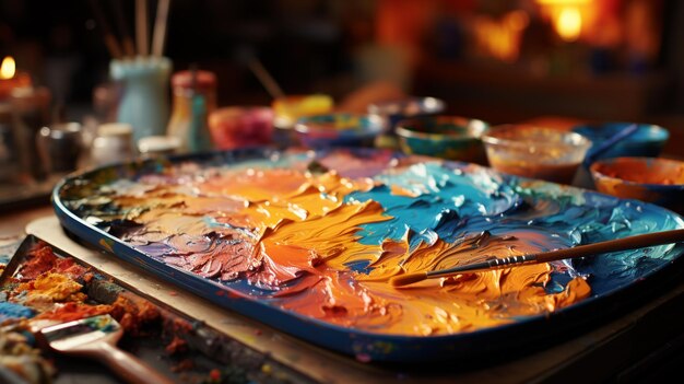 Primo piano della tavolozza artistica con vernici miste colorate e pennello