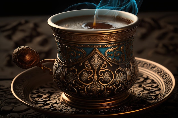 Primo piano della tazza calda e piena di vapore di caffè turco con aroma e sapori ricchi