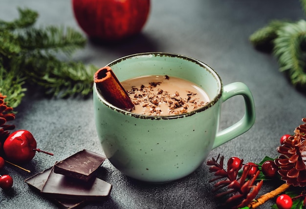 Primo piano della tazza con bevanda calda al cioccolato in stile rustico per Natale