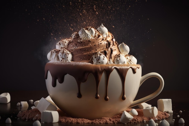 Primo piano della tazza fumante di cioccolata calda con marshmallow e cospargere di topping