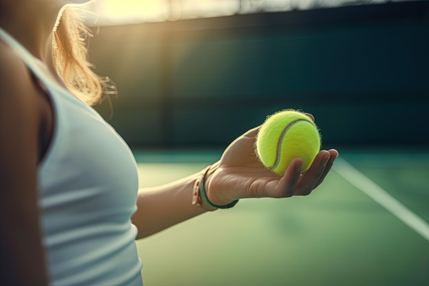 Primo piano della tennista che tiene la pallina da tennis sul campo da tennis IA generativa