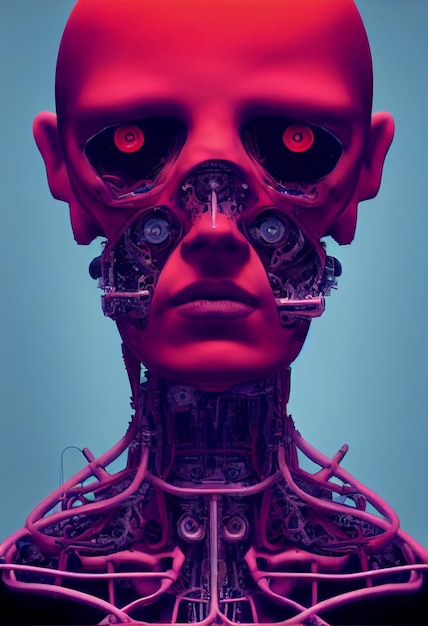 Primo piano della testa del robot rosso con fili e intelligenza artificiale generativa