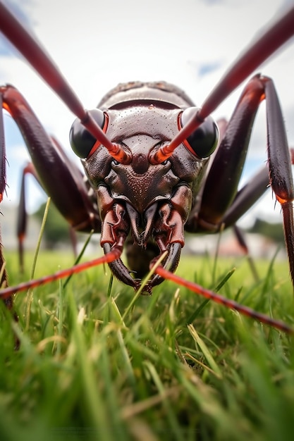 Primo piano della testa di un grande scarabeo nero sull'erba