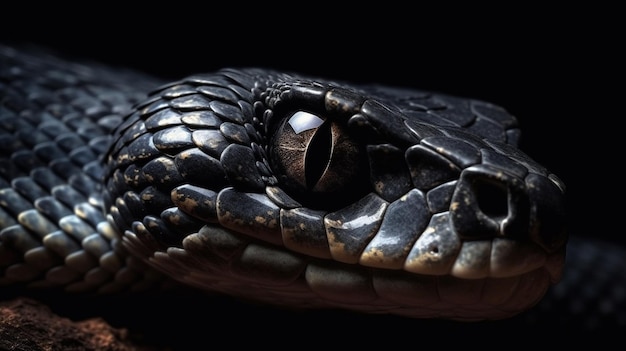 Primo piano della testa di un serpente nero su sfondo nero ai generativo